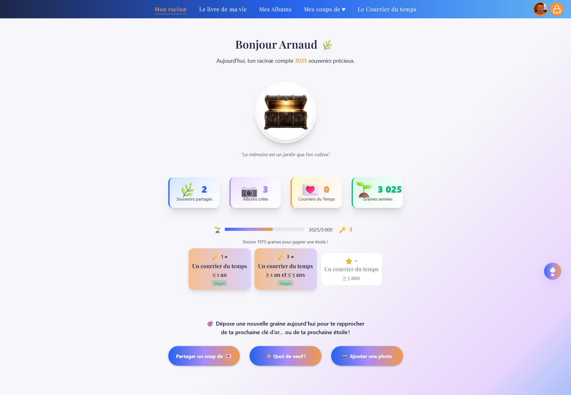 Capture du tableau de bord Racinae